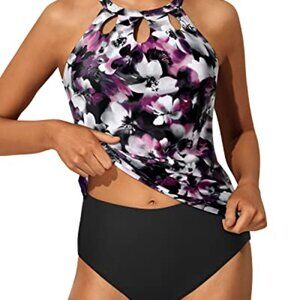 SEXY YONIQUE HIGH NECK KEYHOLE FLORAL TANKINI SUIT SMALL
